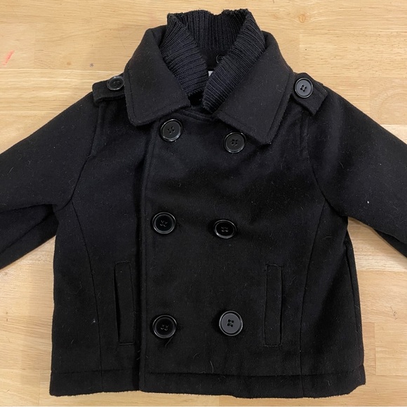 12-18m Joe Fresh black button up pea coat for boys. Removable knit collar. - Picture 2 of 6